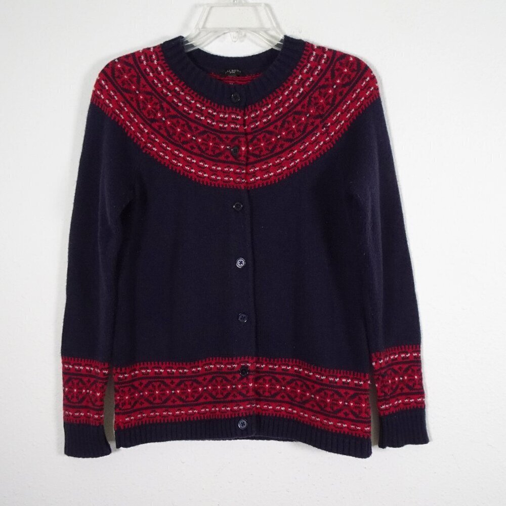 Talbots Cardigan Sweater Petite Size SP Blue Red Trim Wool Blend Preppy